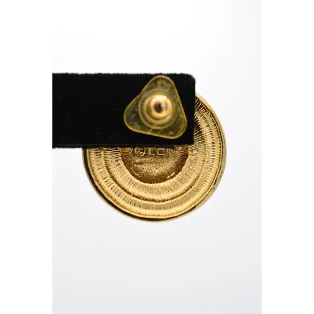 Liz Claiborne Vintage Earrings Gold Coin Chunky Black Logo LCI Signed 90s 9L